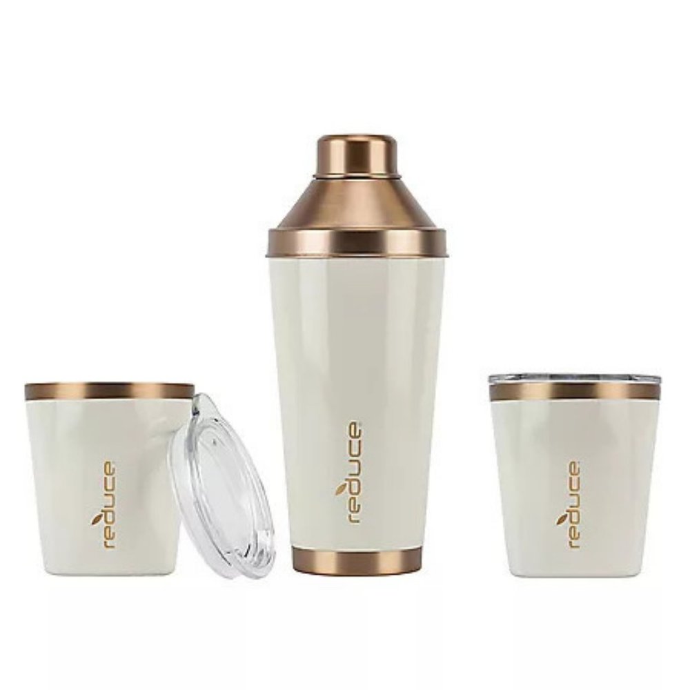 Reduce 3-Piece Cocktail Shaker & 10oz Lowball Tumbler Set - Cream & Rose Gold